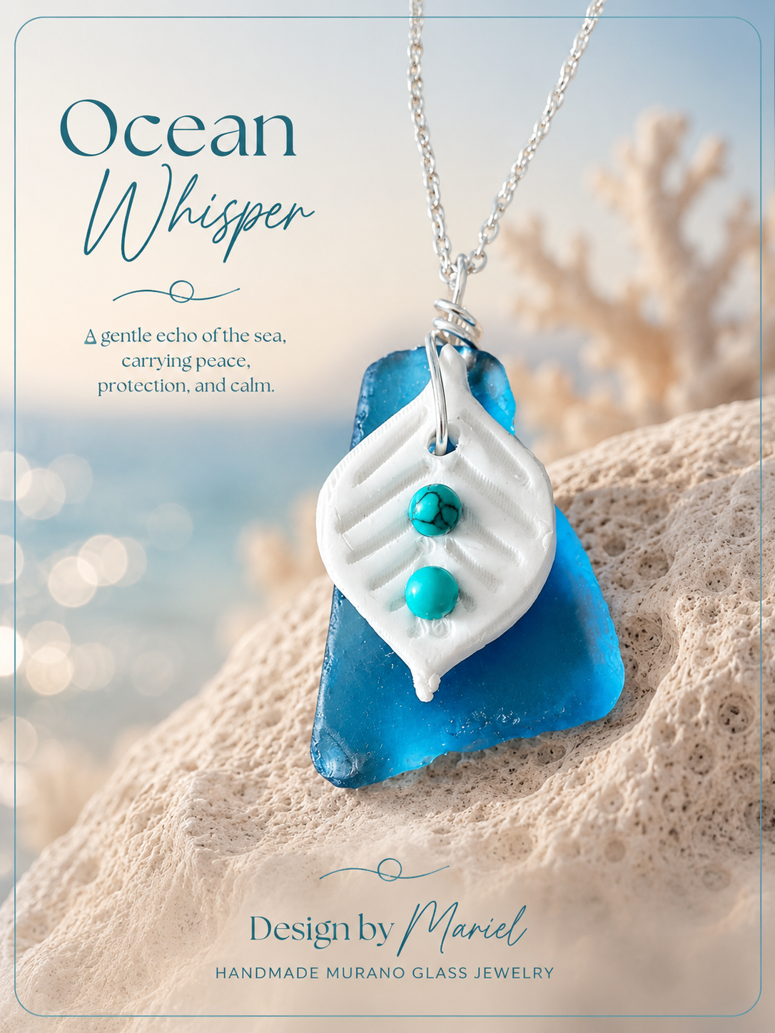 Blue and white pendant necklace on a blurred beach background with 'Ocean Whisper' text.