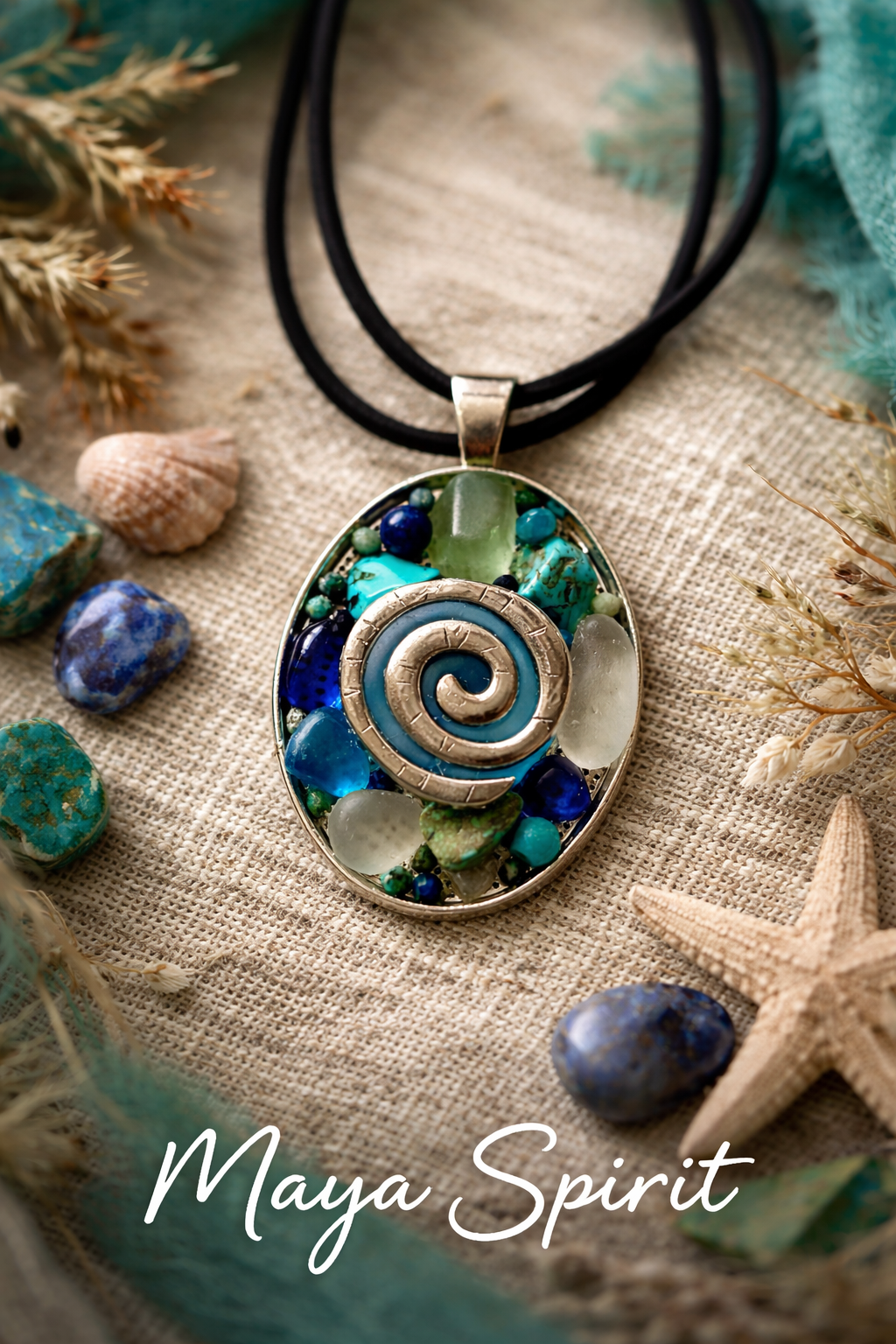 Maya Spirit- Ocean Spiral Pendant Necklace | Sea Glass, Turquoise & Lapis Lazuli