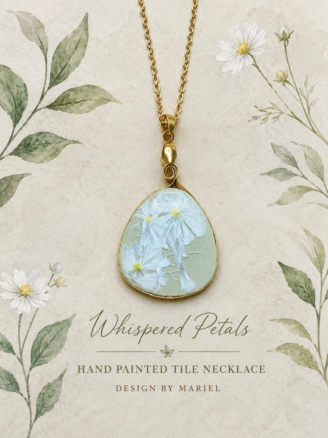 Hand Painted Daisy Tile Necklace | Botanical Gold Pendant