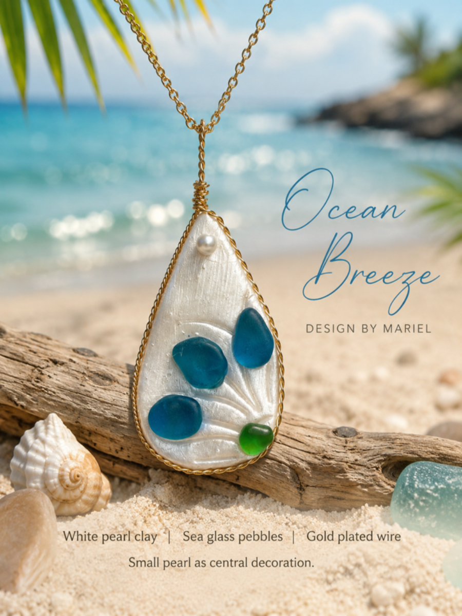 Necklace with teardrop-shaped pendant on a beach with ocean view