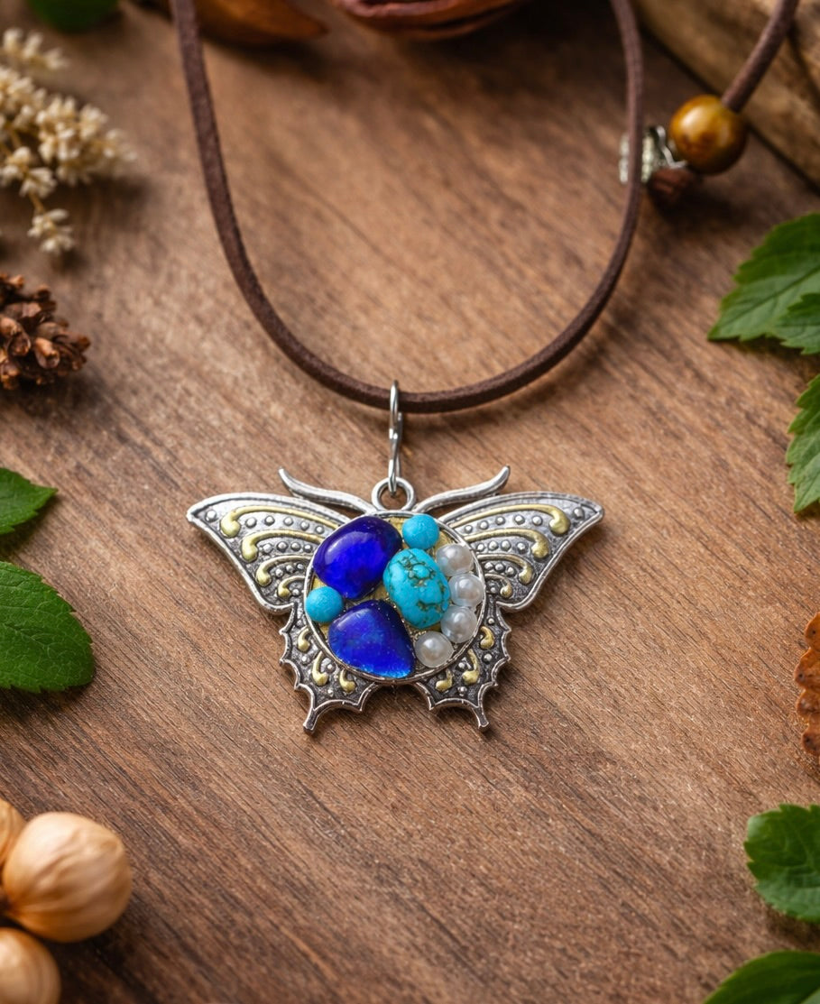 Butterfly Pendant Necklace with Blue Sea Glass, Turquoise & Pearls
