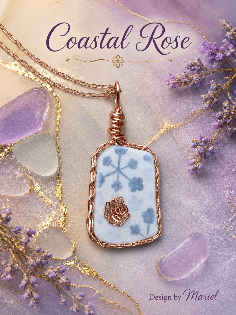 Jewelry with a pendant labeled 'Coastal Rose' on a decorative background with flowers and stones.