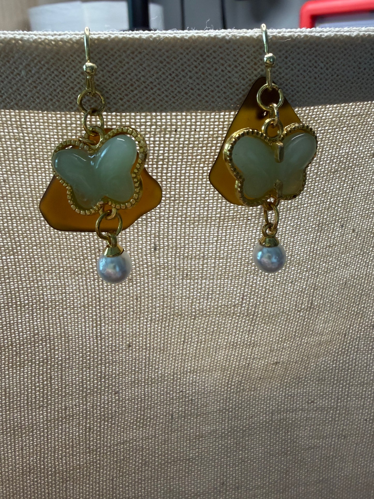 Mint Green Butterfly Earrings, on Amber Sea Glass, Pearl Dangle Earrings, Gold Butterfly Jewelry, Elegant Nature Inspired Gift