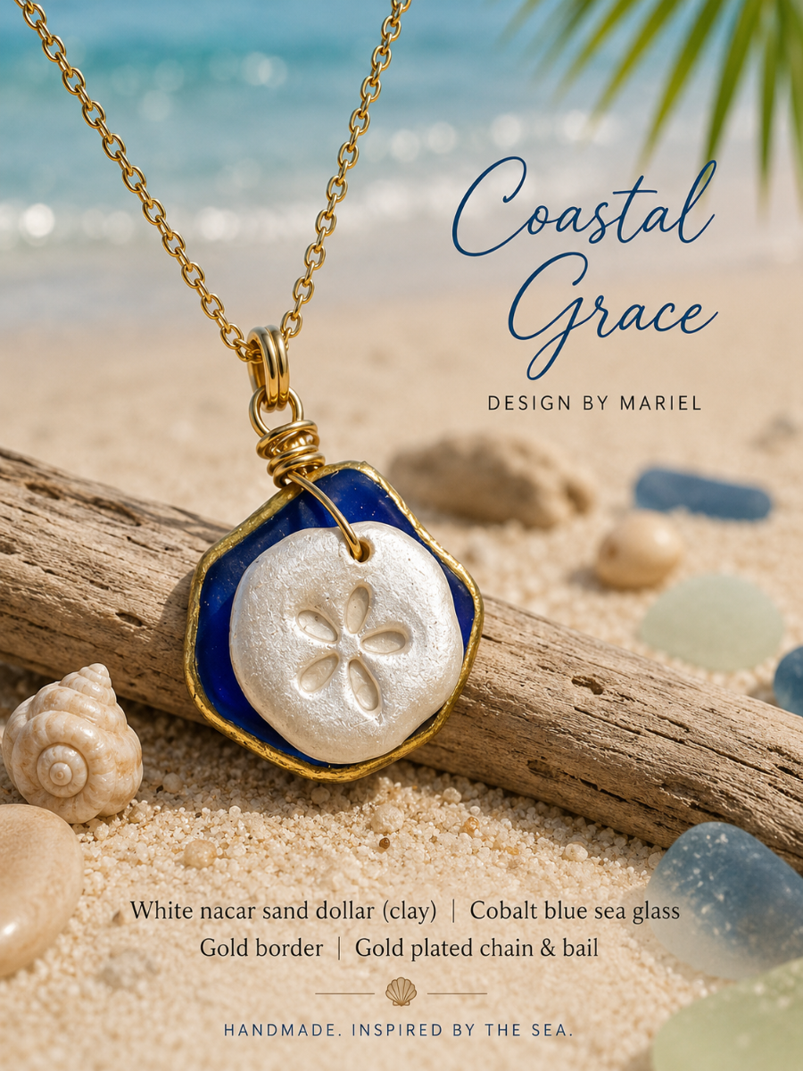 Necklace with a sand dollar pendant on a beach setting, featuring 'Coastal Grace' design by Mariel.