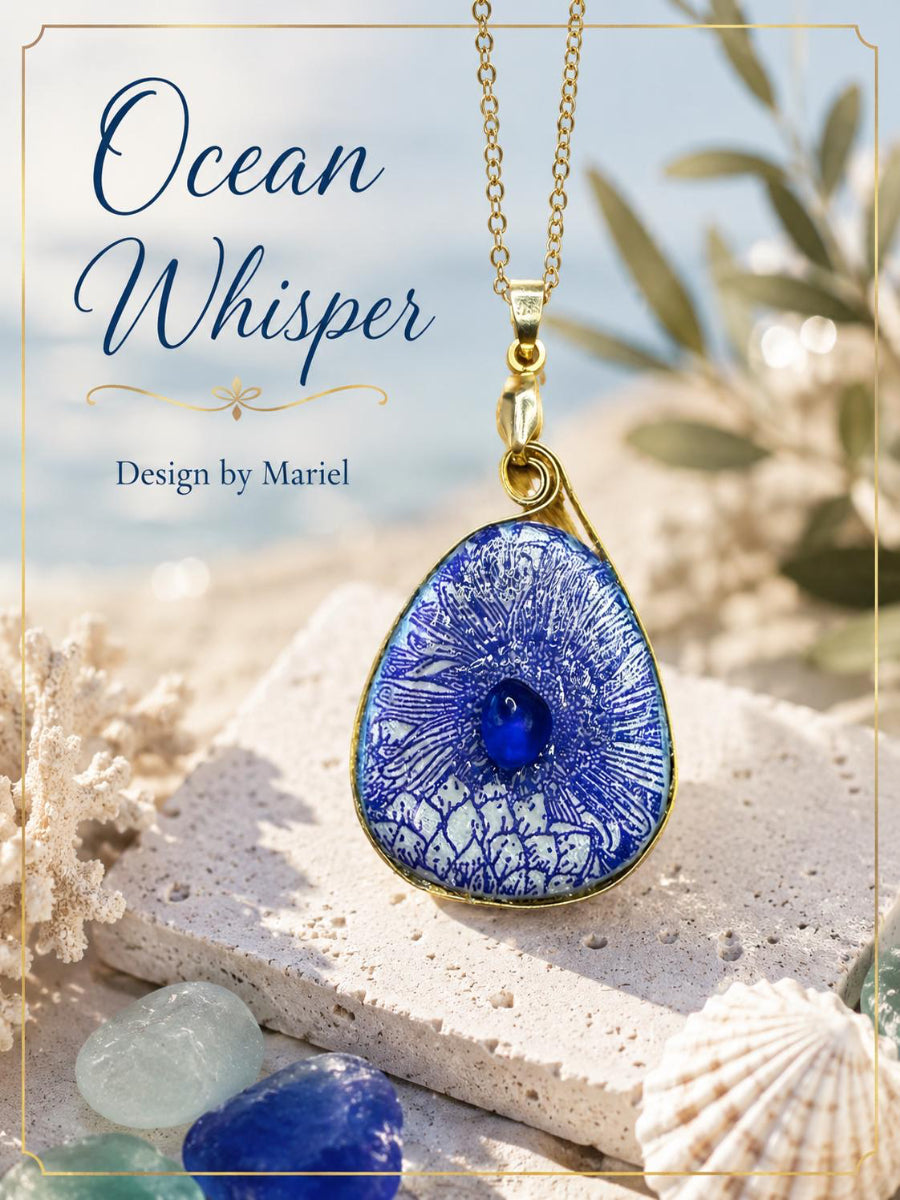 Jewelry necklace with a blue pendant on a beach setting