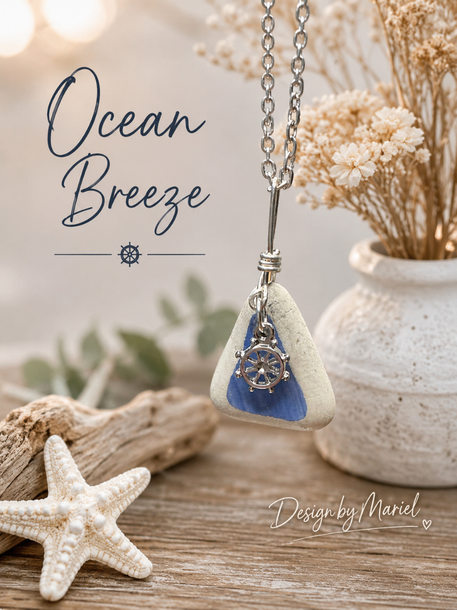 Necklace with a triangular pendant featuring blue and white colors, placed on a wooden surface with decorative elements.