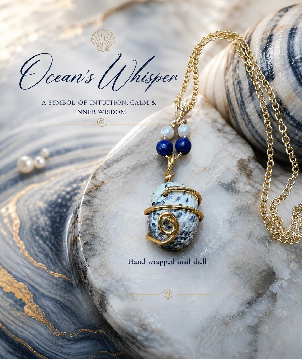 Ocean's Whisper Snail Shell Necklace - Lapis Lazuli & Pearl Pendant