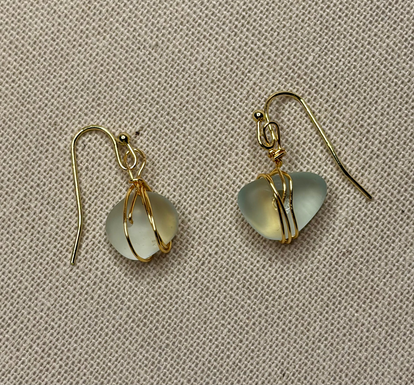Clear Mist Sea Glass Earrings, Gold Wire Wrapped Earrings, Minimalist Coastal Jewelry, Lightweight Handmade Earrings
