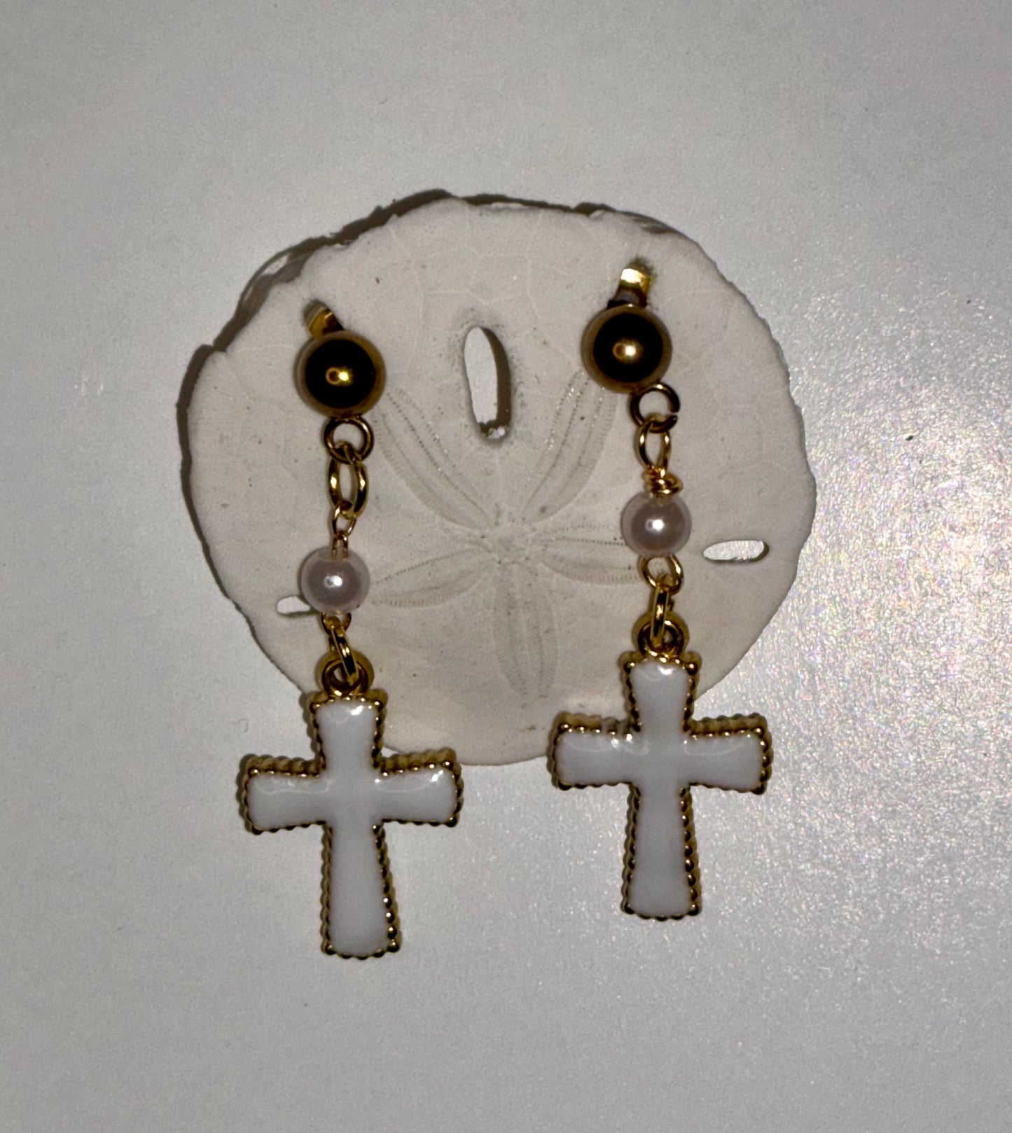 White Enamel Cross & Pearl Earrings