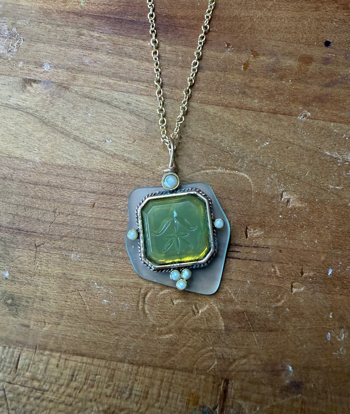 Aurora Heirloom Victorian Style Intaglio Necklace, Etched Green over Sea Glass