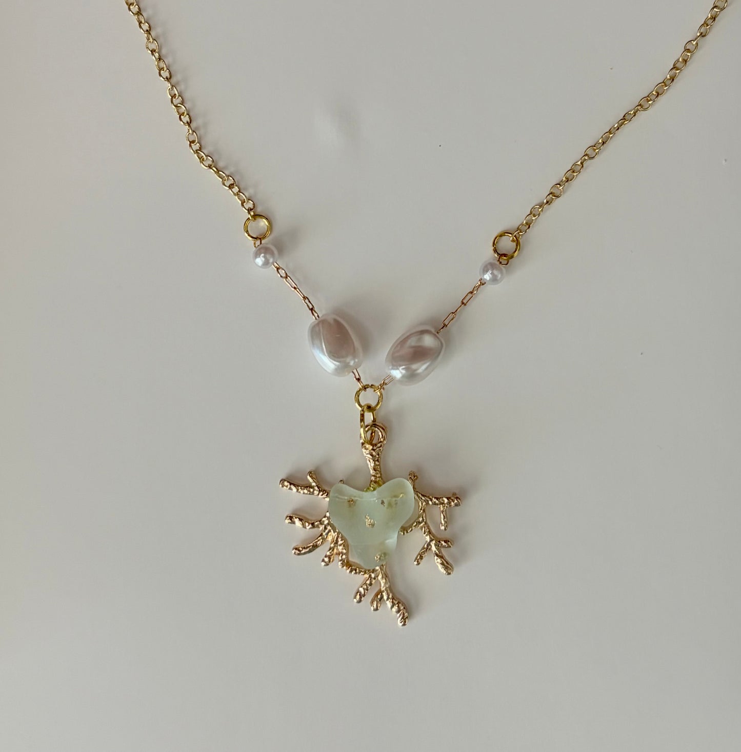 Maui Sea Glass Heart Necklace with Freshwater Pearls, Gold Coral Branch Pendant