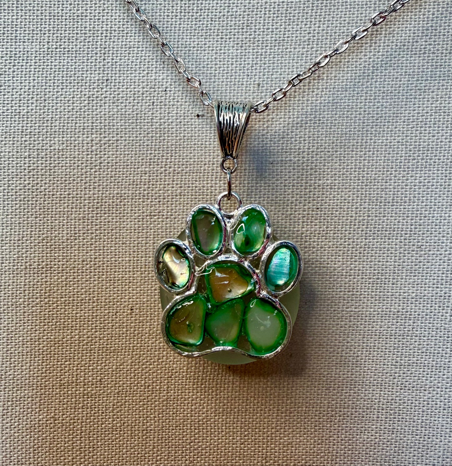 Paw Print Necklace, Green Mother of Pearl Paw Pendant, Pet Lover Gift, Animal Lover Jewelry, Silver Plated Necklace, Meaningful Gift