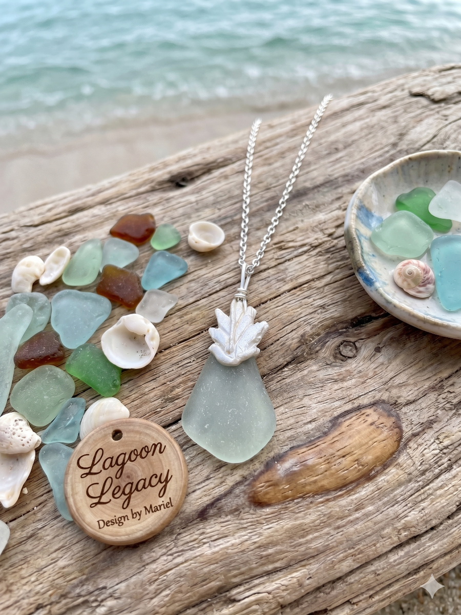 Sea glass necklace with a wooden tag on driftwood with beach background