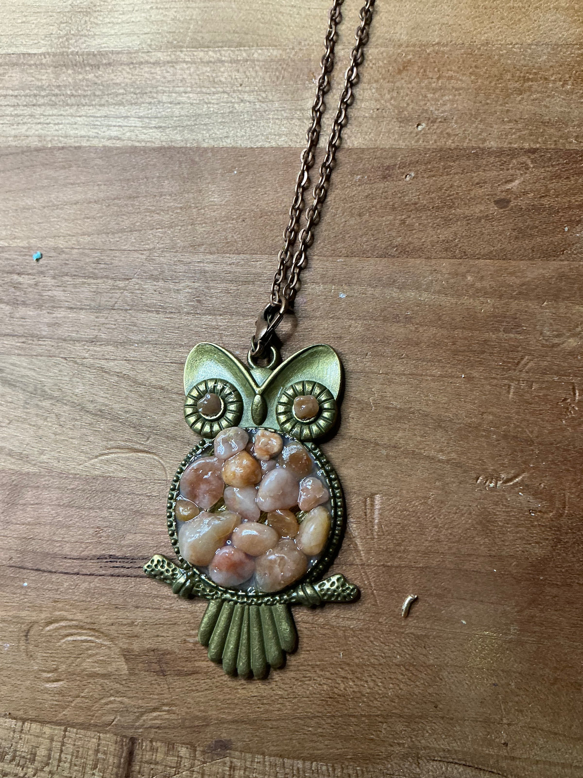 Pink Quartz Owl Necklace | Handmade Owl Pendant | Natural Pink Coral Jewelry | Bronze Owl Charm | Nature Lover Gift | Design by Mariel