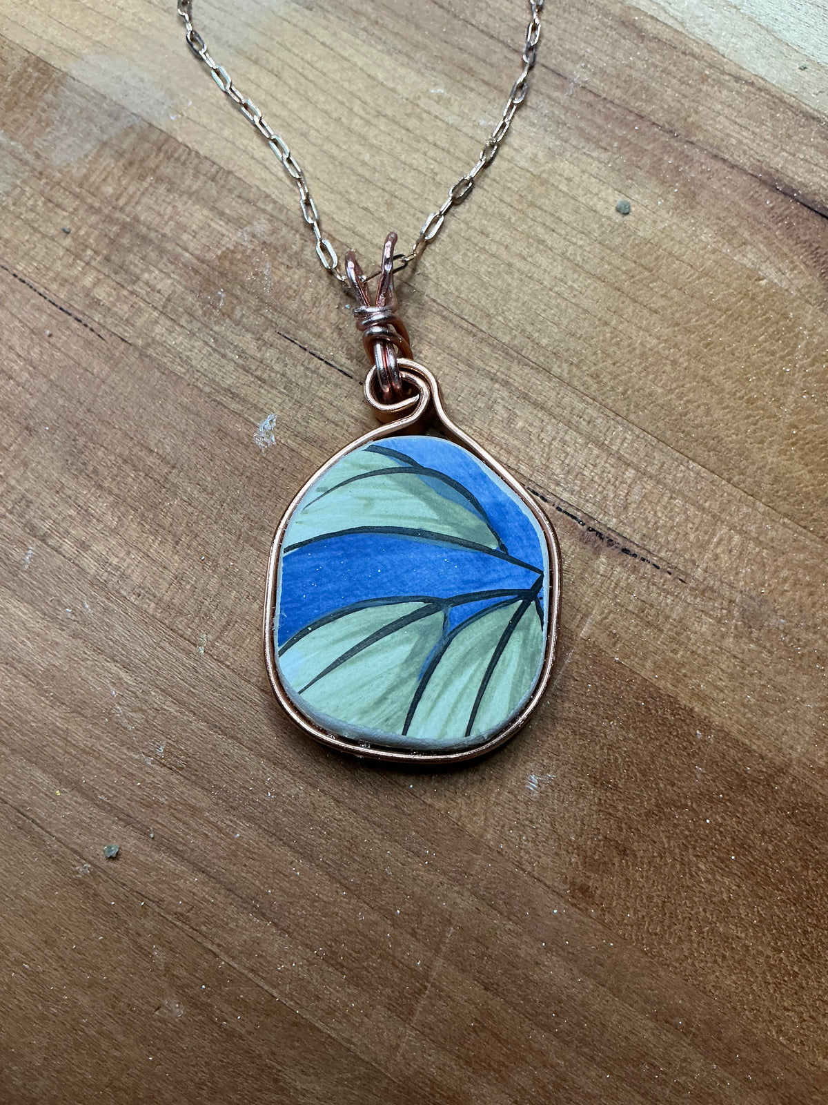 Handmade Ceramic Sea Pottery Necklace, Artisan Rose Gold Wire Wrapped Pendant, One-of-a-Kind Coastal Jewelry, Unique Gift for Her