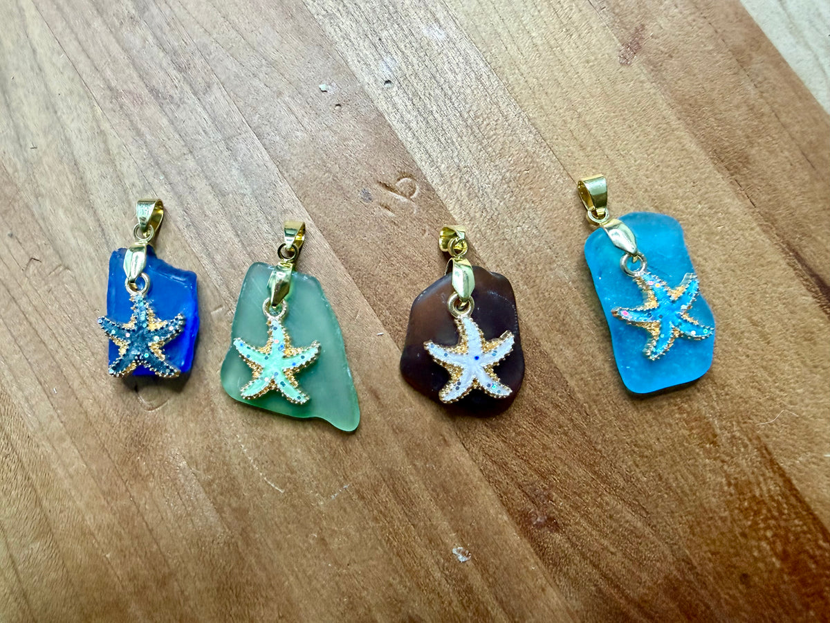 Sea Glass Starfish Necklace - Gold Chain Coastal Jewelry