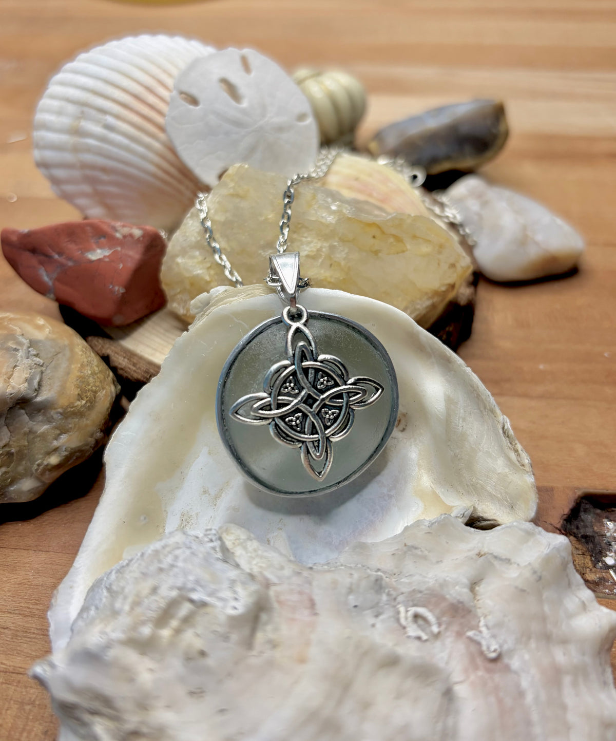 Clear Mist Sea Glass Pendant Necklace - Celtic Knot Design - Eco-Friendly