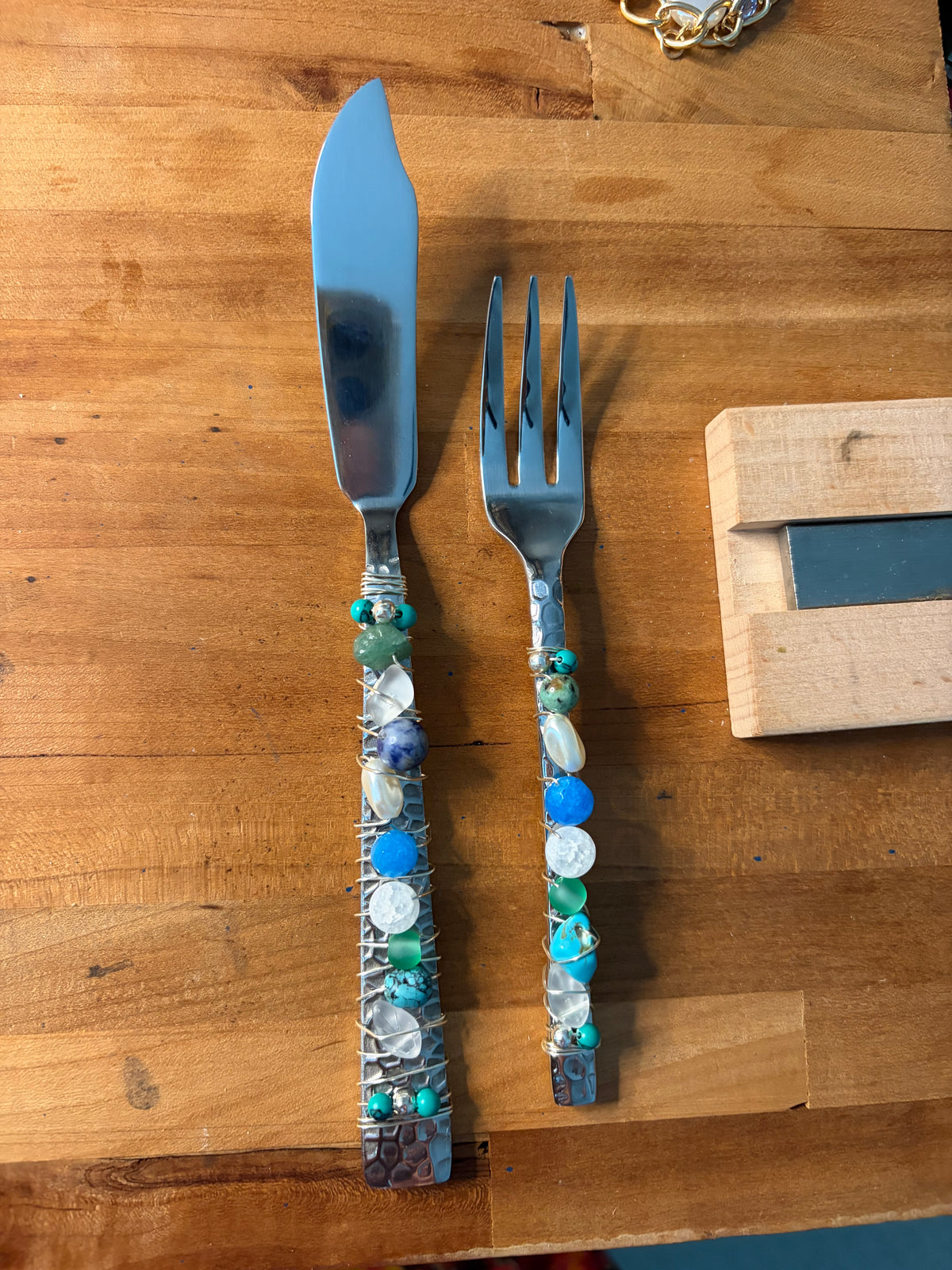 Coastal Tide -Handcrafted Artisan Serving Set, Wire-Wrapped Stone and Bead Accents, One-of-a-Kind Kitchenware