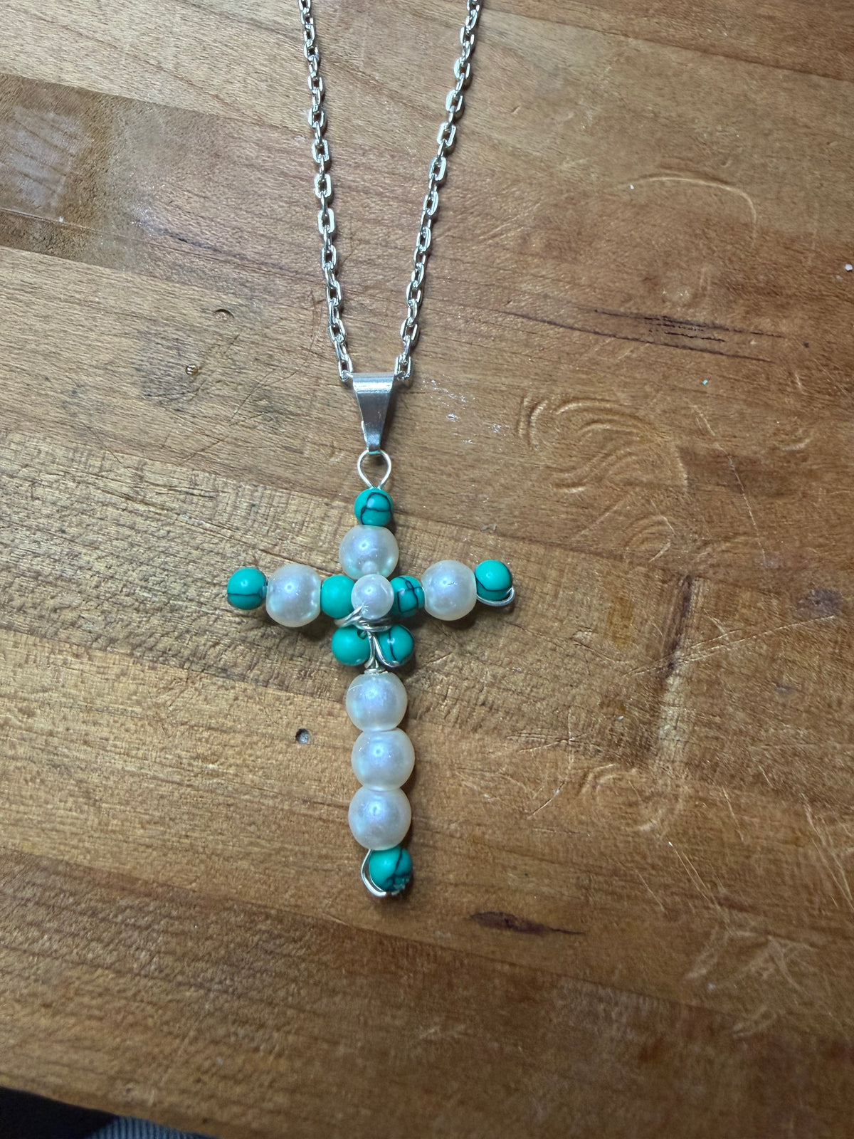 The Turquoise Tide Cross - Handcrafted Pearl and Turquoise Necklace by Design by Mariel