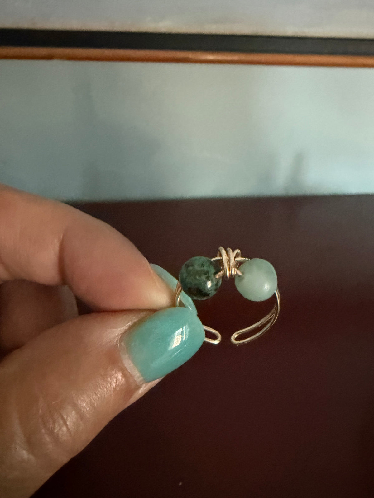 Tide Whisper Gemstone Ring | Wire Wrapped Double Bead Ring | Adjustable Boho Coastal Jewelry Gift