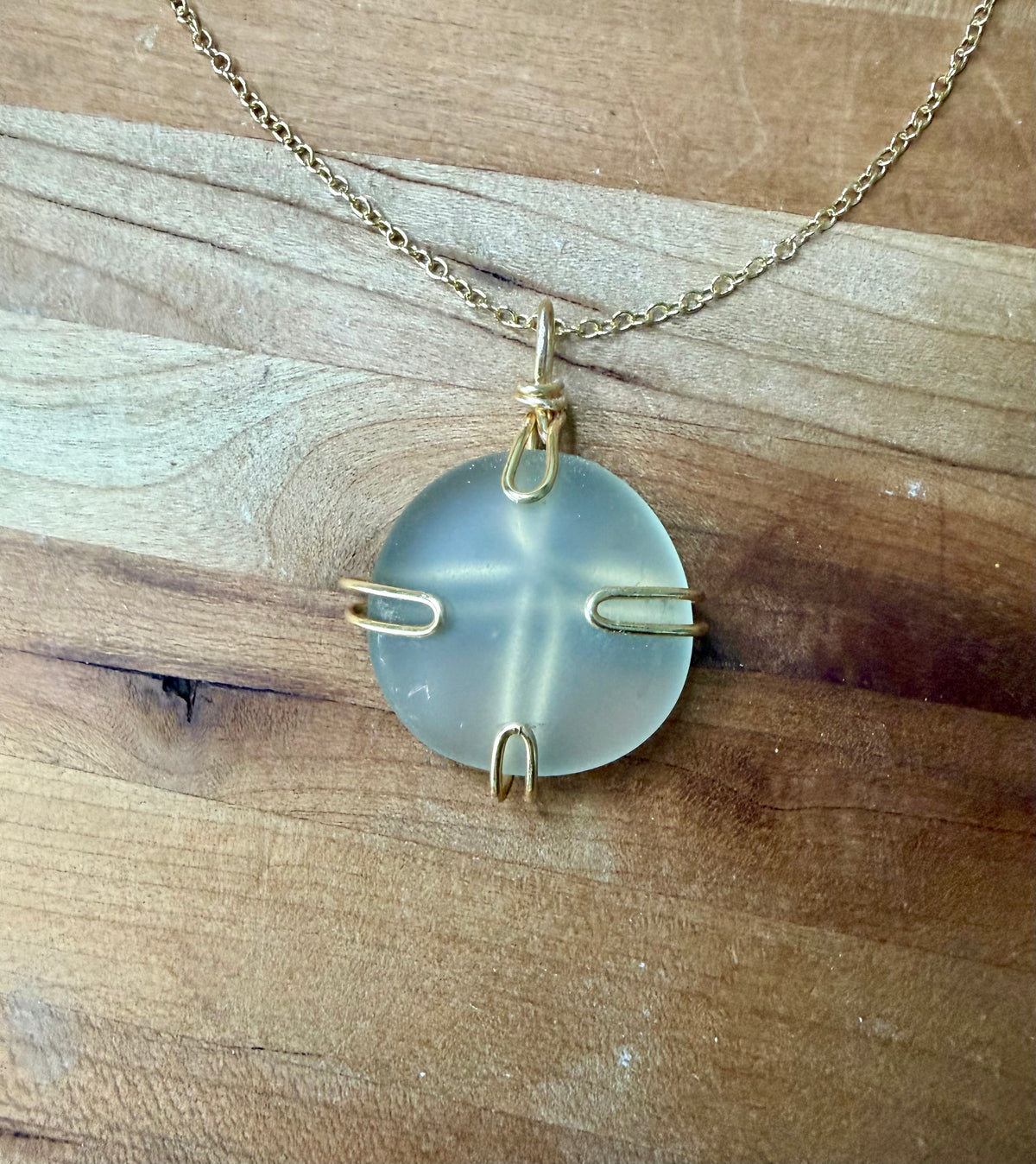 Serenity Cross Necklace, Clear Glass Pendant, Gold Tone Handmade Necklace, Coastal Jewelry, Beach Inspired Gift, Design by Mariel