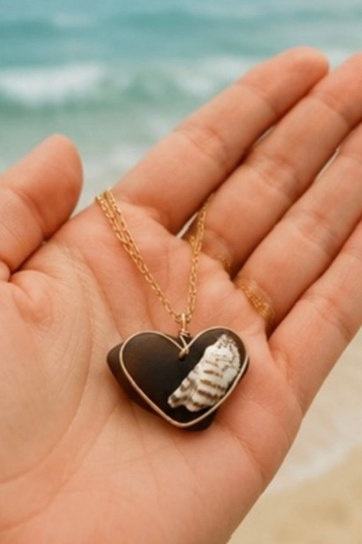 Handmade Brown Amber Heart Sea Glass Necklace