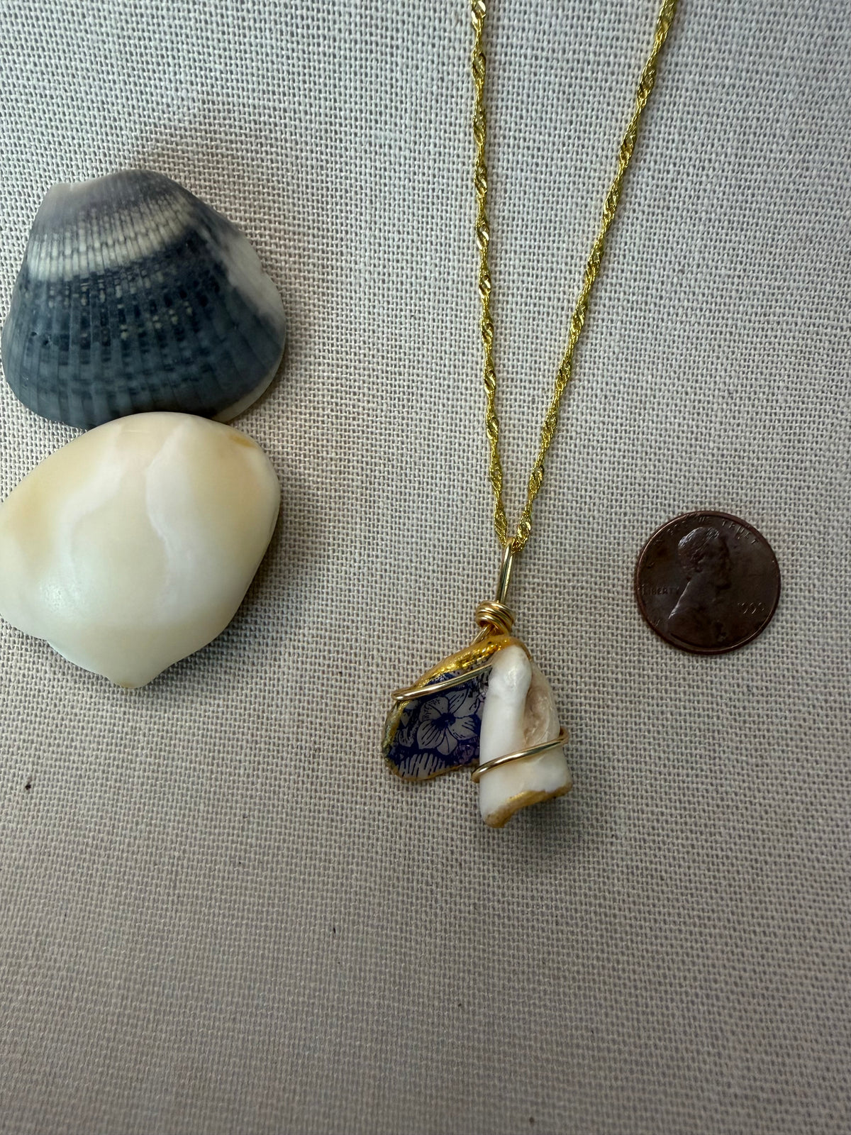 Ocean Whisper - One-of-a-Kind Ocean Shell Necklace. Decoupaged Ocean Shell Pendant, Gold Wrapped Coastal Jewelry, One of a Kind Beach Inspired Necklace