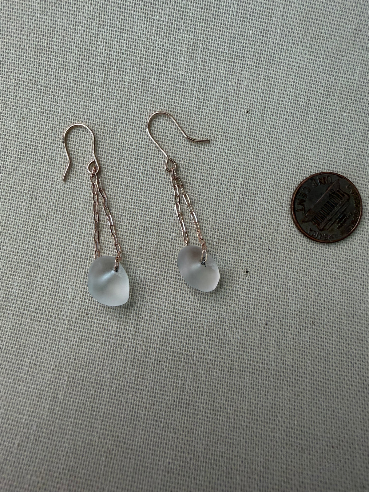 Crystal Clear Sea Glass Earrings, Rose Gold Drop, Minimalist Beach Jewelry, Handmade