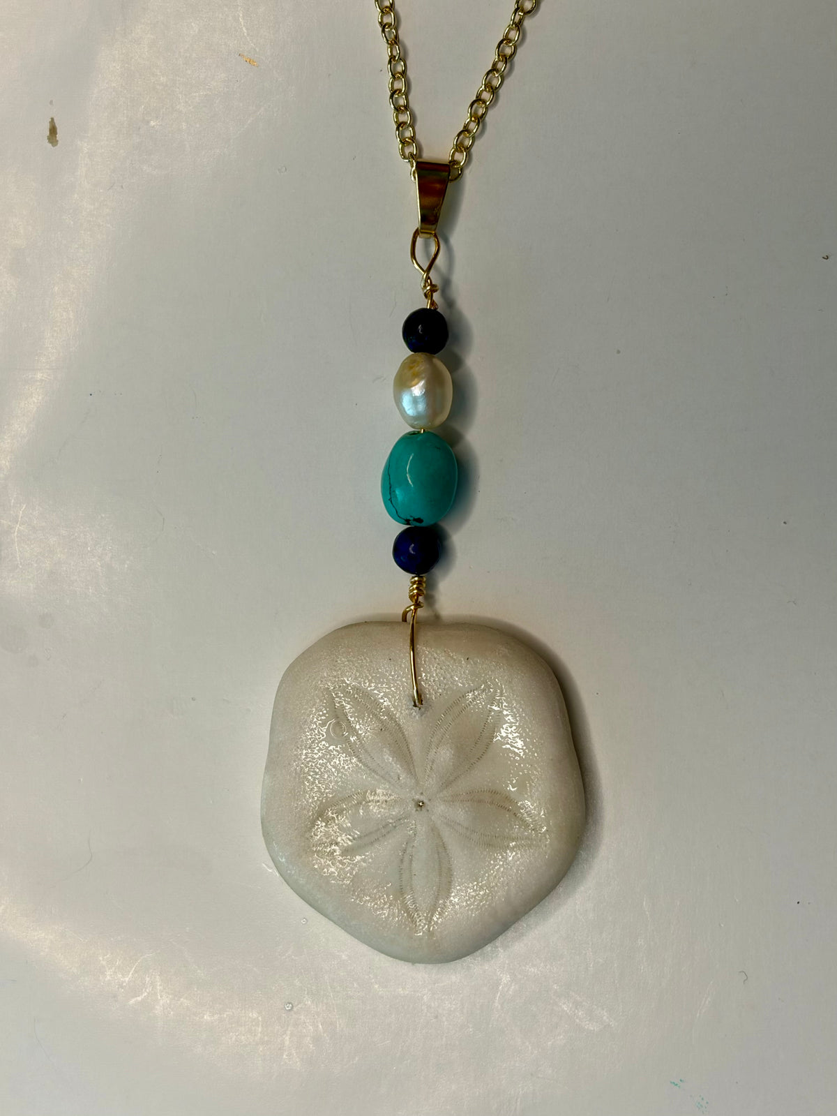 Natural Sand Dollar Necklace, Turquoise & Lapis Lazuli Jewelry, Freshwater Pearl, Coastal Beach Jewelry