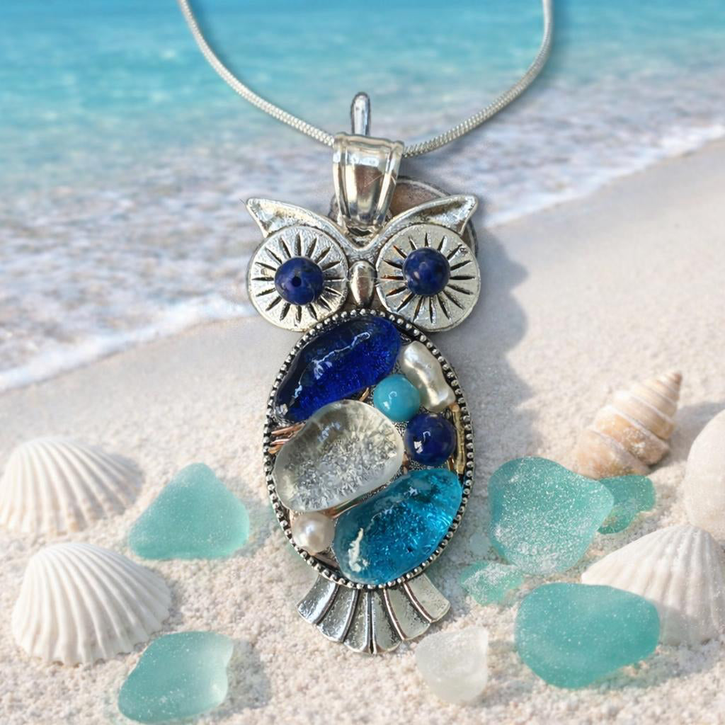 White mist, cobalt blue & aqua green sea glass on an Owl bezel Pendant