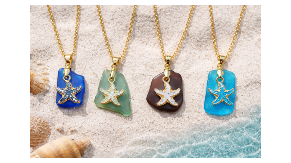 Starfish on different color: (blue, green, brown, turquoise), sea glass