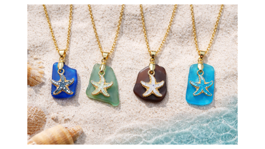 Starfish on different color: (blue, green, brown, turquoise), sea glass