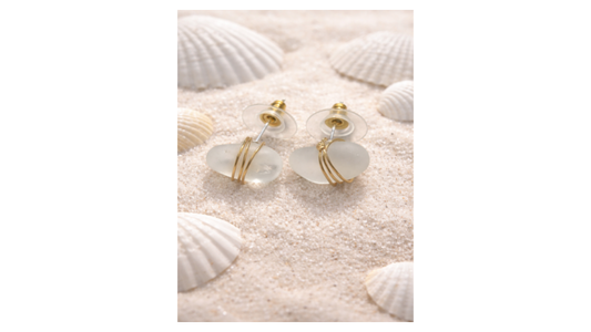 Clear Mist Sea Glass stud earrings in gold wrapping