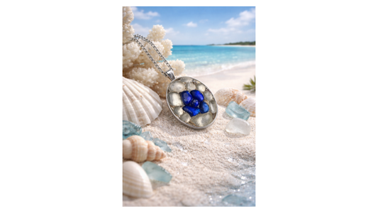 Necklace pendant with clear mist and cobalt blue sea glass