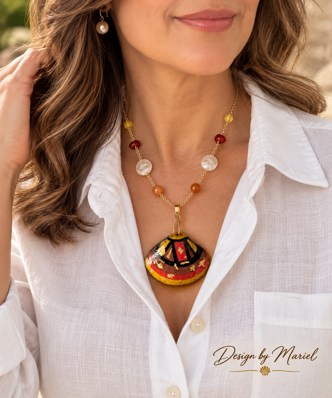 Hand Painted Shell Statement Necklace, Colorful Coastal Jewelry, Artisan Pendant