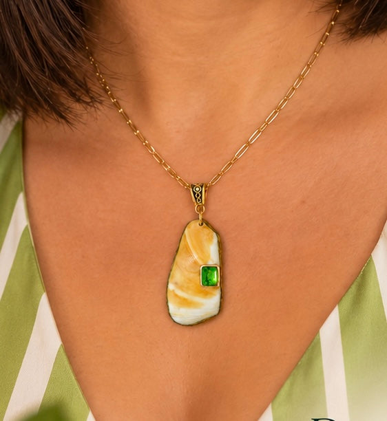 Shell Necklace with Lab-Grown Emerald, Gold Paperclip Chain, Texas Coastal Jewelry, One of a Kind Pendant