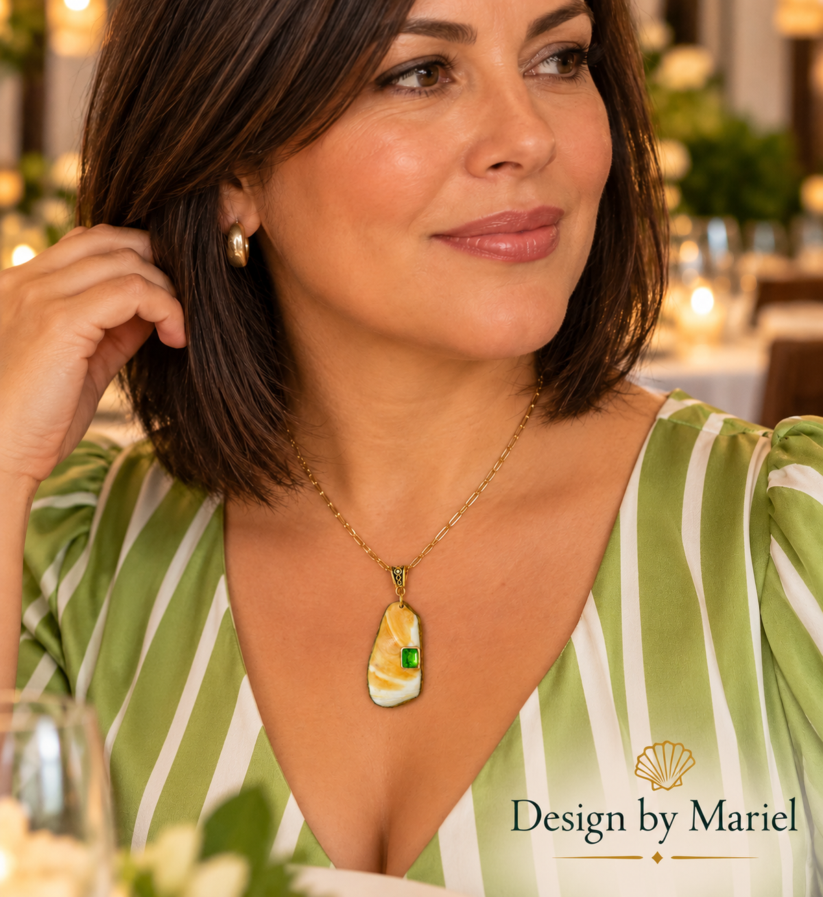 Shell Necklace with Lab-Grown Emerald, Gold Paperclip Chain, Texas Coastal Jewelry, One of a Kind Pendant