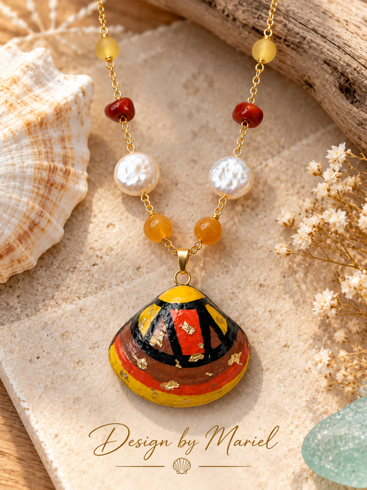 Hand Painted Shell Statement Necklace, Colorful Coastal Jewelry, Artisan Pendant