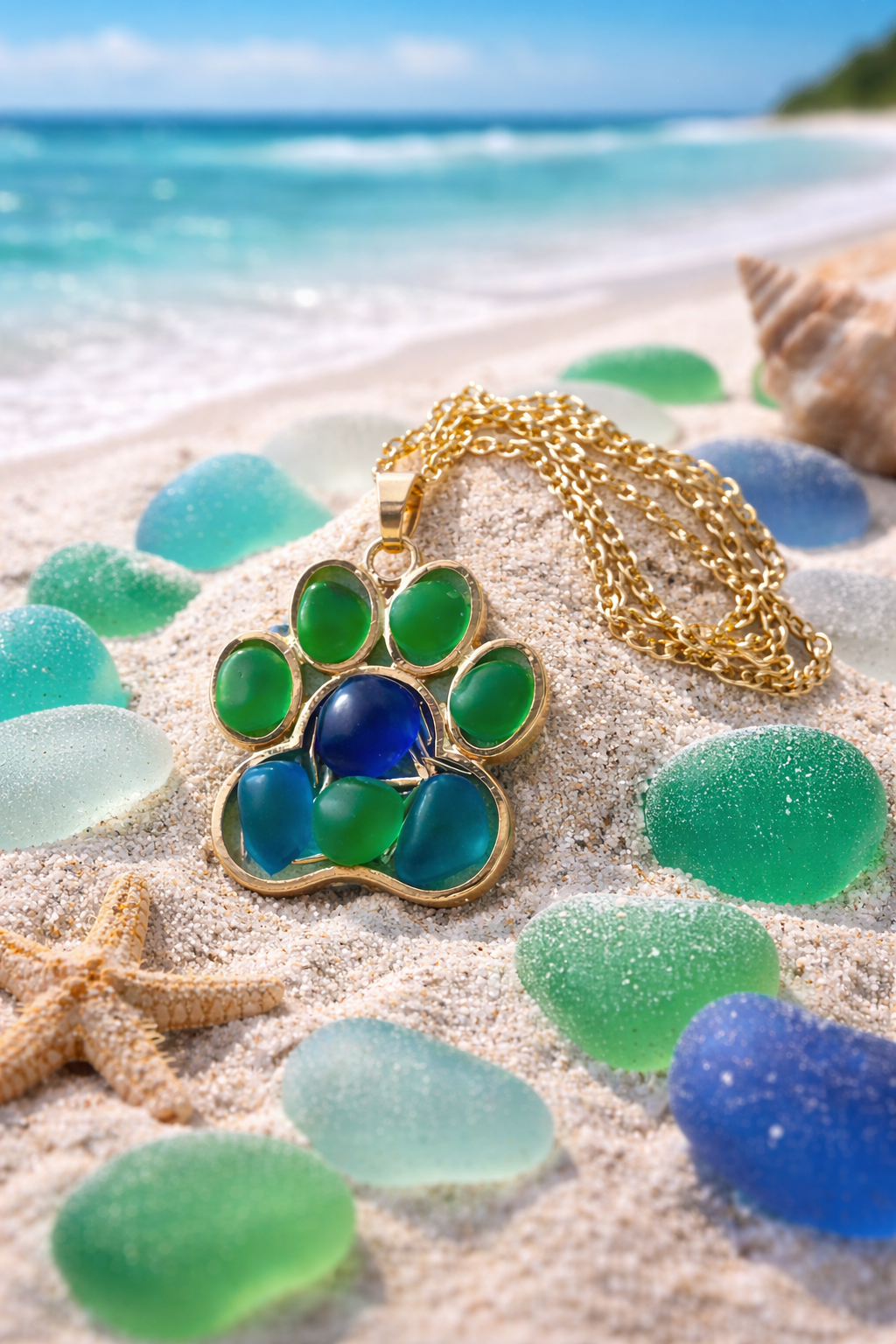 Sea Glass Paw Print Necklace. Beach-Inspired Pet Jewelry in Gold