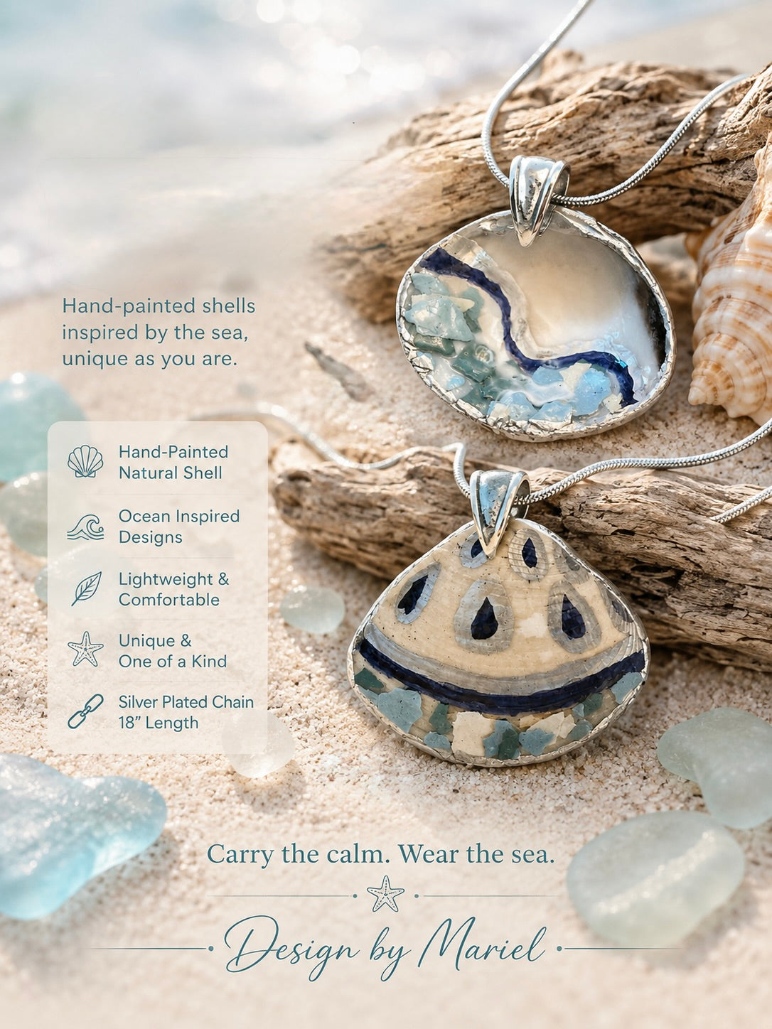 Two handmade shell pendants with silver chains displayed on a sandy surface with driftwood and seashells. The image includes descriptive text and a feature list on the left side.