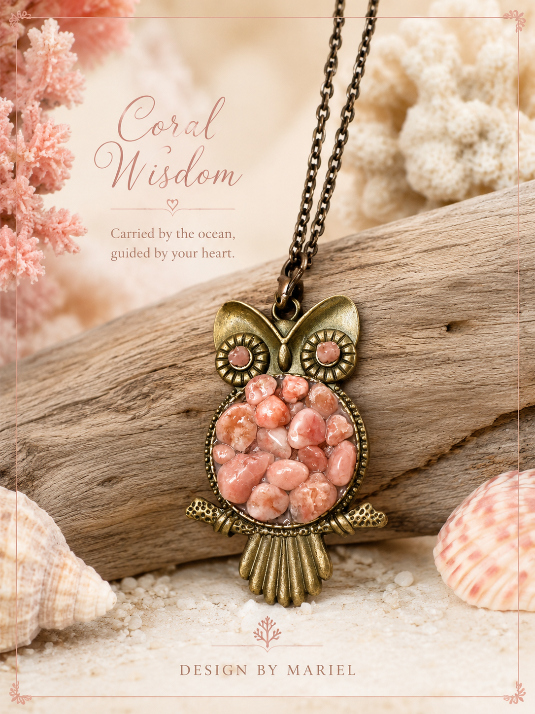 Pink Quartz Owl Necklace | Handmade Owl Pendant | Natural Pink Coral Jewelry | Bronze Owl Charm | Nature Lover Gift | Design by Mariel