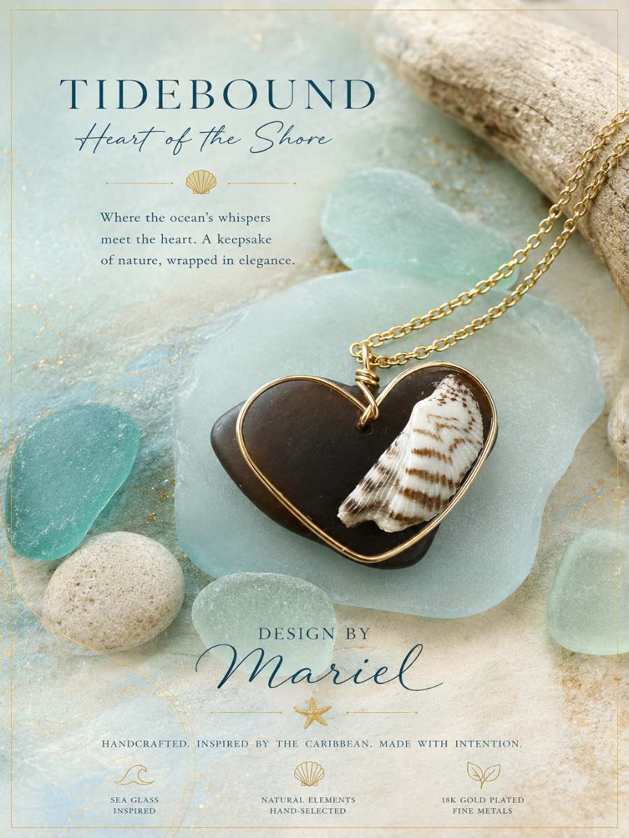 Heart-shaped pendant with shell design on a beach setting with 'Tidebound' text.