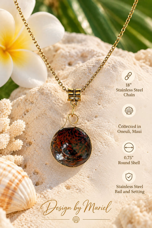 Maui Shell Necklace, Round Marbled Pendant, Gold-Tone Stainless Steel Chain, Ocean-Inspired Artisan Jewelry