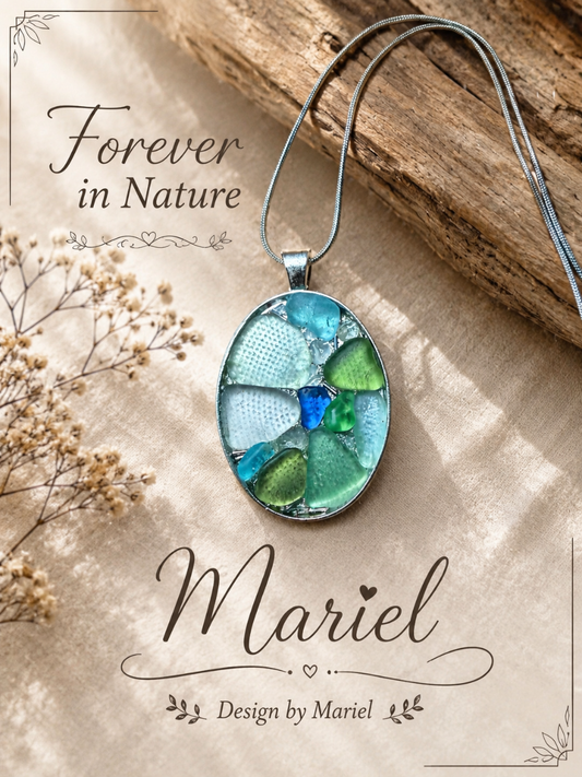Nature-themed pendant with 'Mariel' branding on a wooden surface