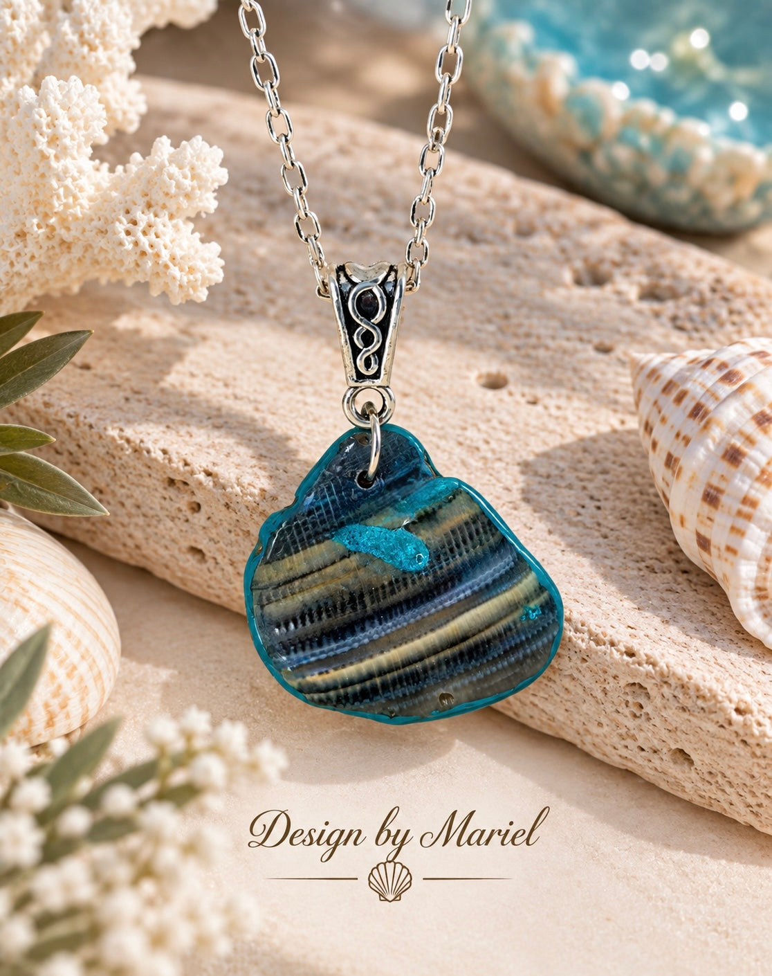 Gulf Coast Shell Necklace with Turquoise Inlay, Handmade Beach Jewelry, Sea Shell Pendant, Coastal Jewelry