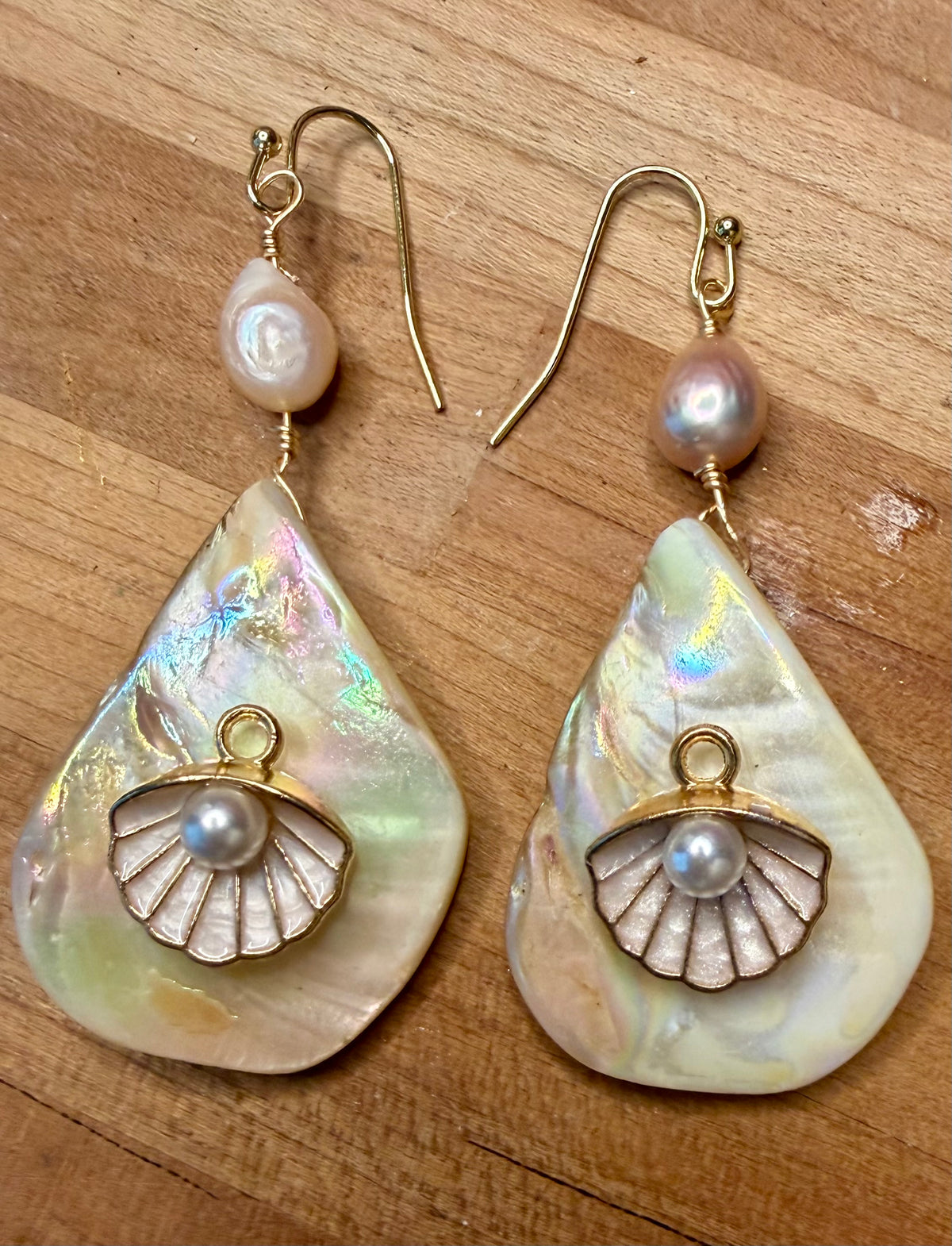 Iridescent Shell Earrings with Pearls, Mother of Pearl Teardrop Earrings, Coastal Jewelry, Seashell Handmade Earrings