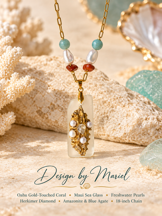 Hawaiian Sea Glass Necklace, Gold Coral Pendant, Freshwater Pearl Jewelry, Amazonite & Herkimer Diamond, One of a Kind Gift