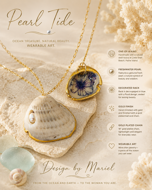Pearl Tide Seashell Necklace, Freshwater Pearl Jewelry, Ocean Inspired Wearable Art, Padre Island Shell, Gold Coastal Necklace