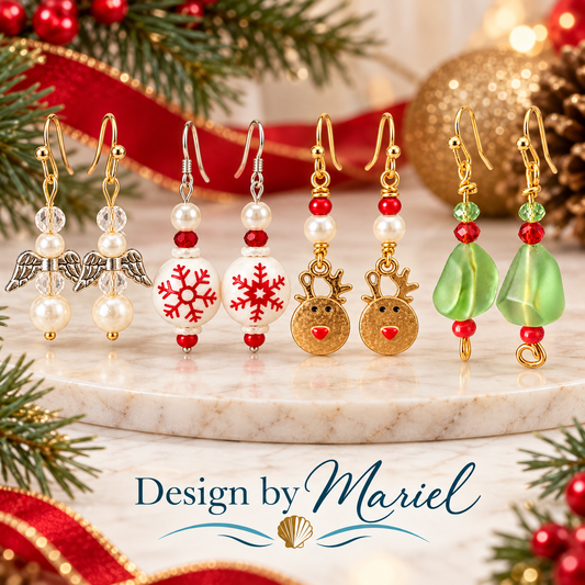 Handmade Christmas dangle earrings featuring translucent lime-green drops, red and green faceted beads, and gold-tone findings, photographed on a festive holiday background.