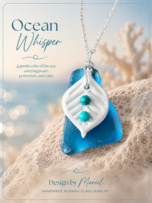 Blue and white pendant necklace on a blurred beach background with 'Ocean Whisper' text.